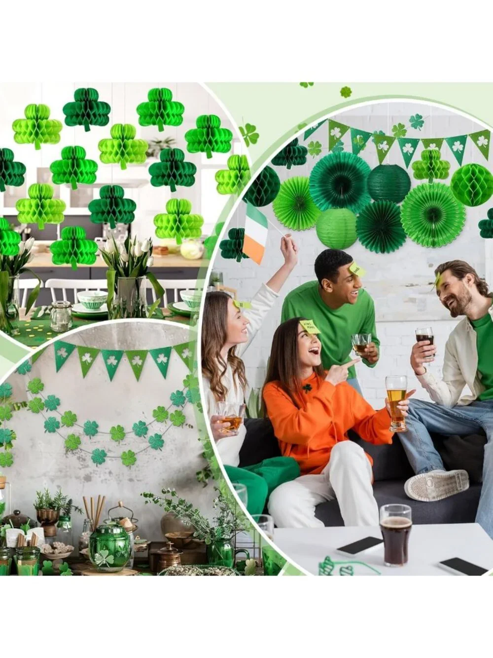 22 Pcs St. Patrick's Day Decor - Shamrock Garland, Tissue Fans & Lanterns for